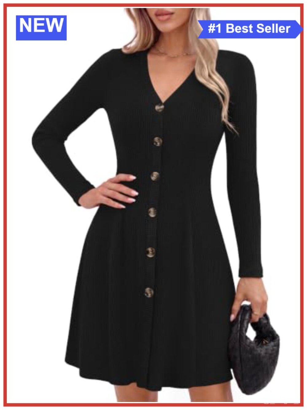 Ribbed Knit V-Neck A-Line Mini Sweater Dress with Button Closure